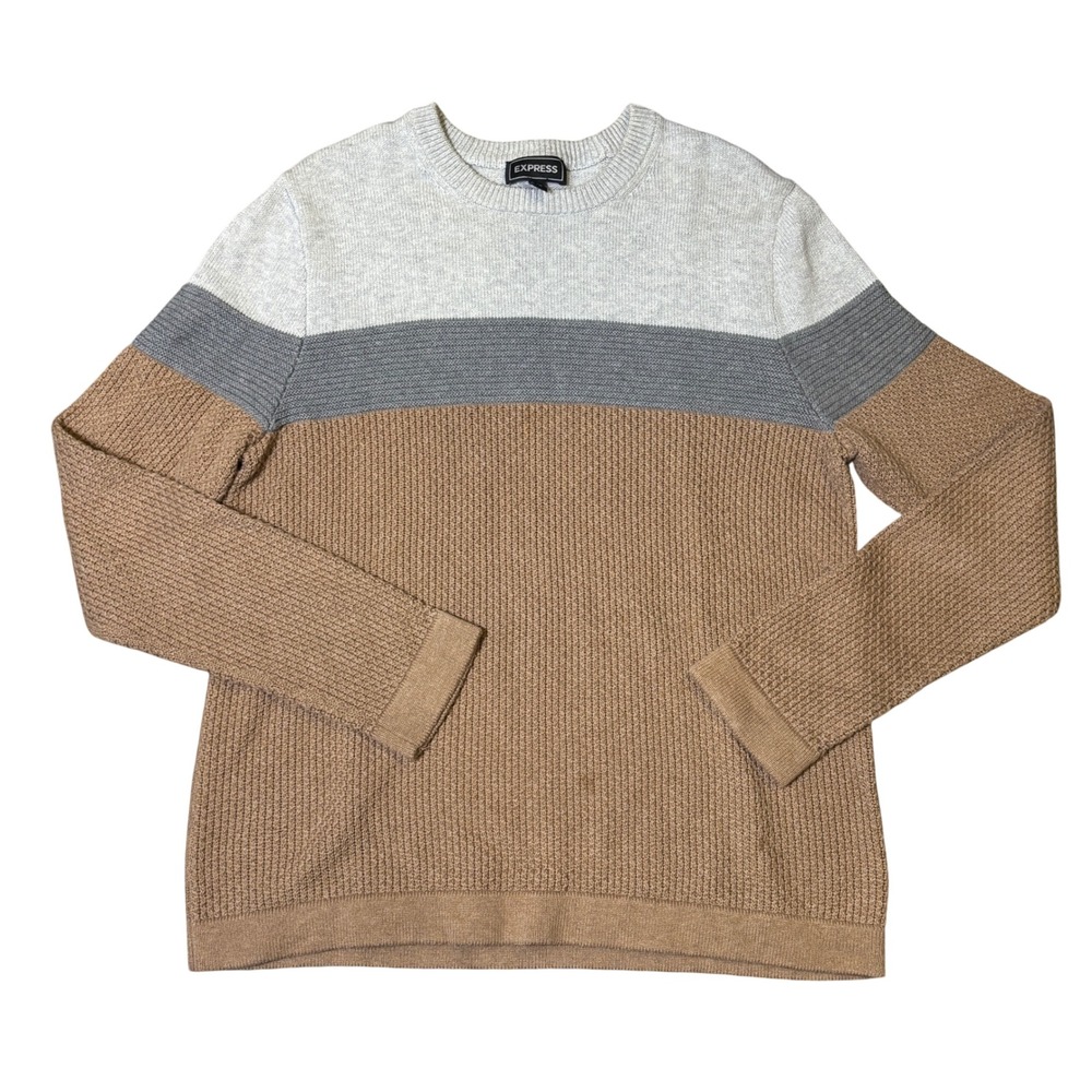 Express Sweater Mens Medium Colorblock Waffle Knit Crew Neck Tan Gray